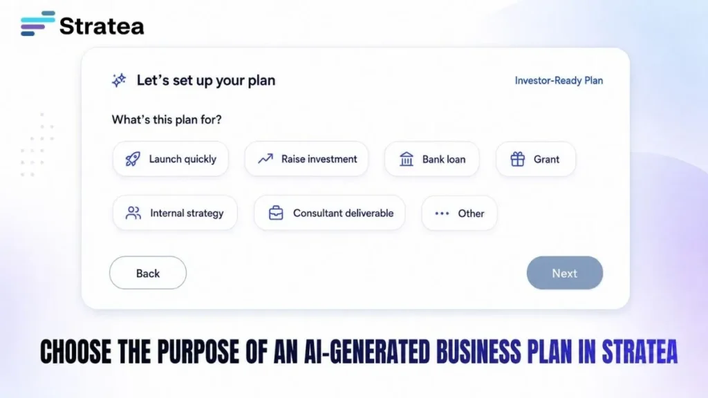 homepage 2 Choose the right business plan purpose before STRATEA generates your plan