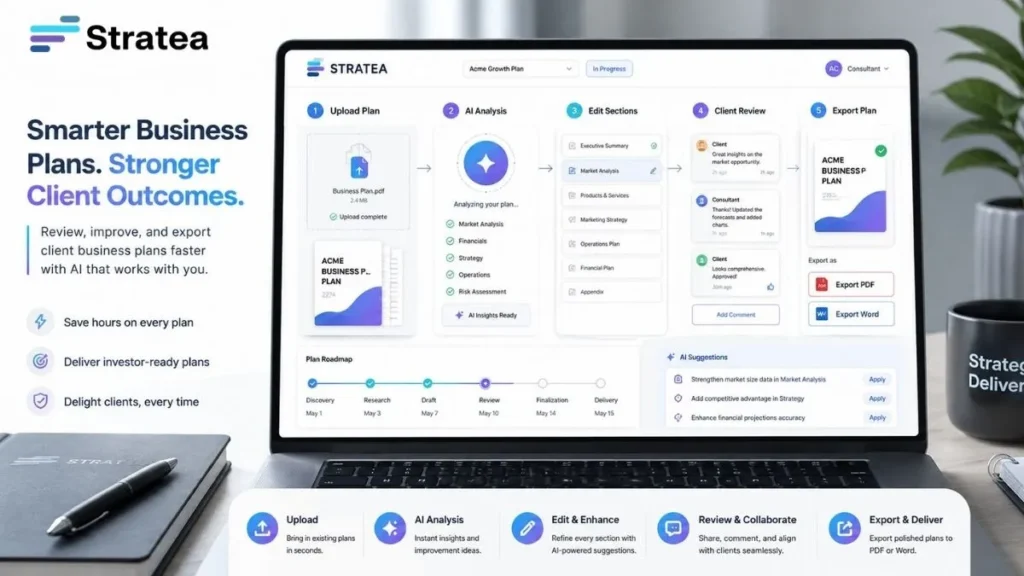 homepage 2 Consultants can use STRATEA to review, improve, and export client business plans faster